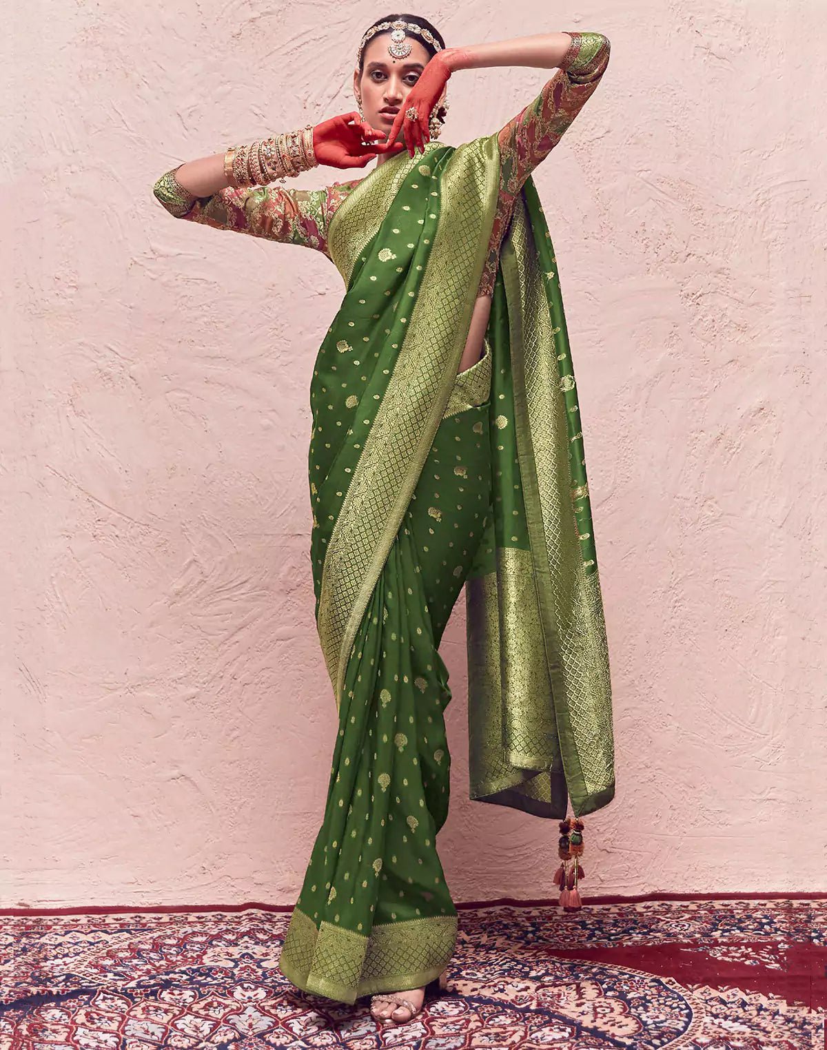 Image of Olive Green Banarasi Crepe Dola Silk Saree - South India Shopping Mall