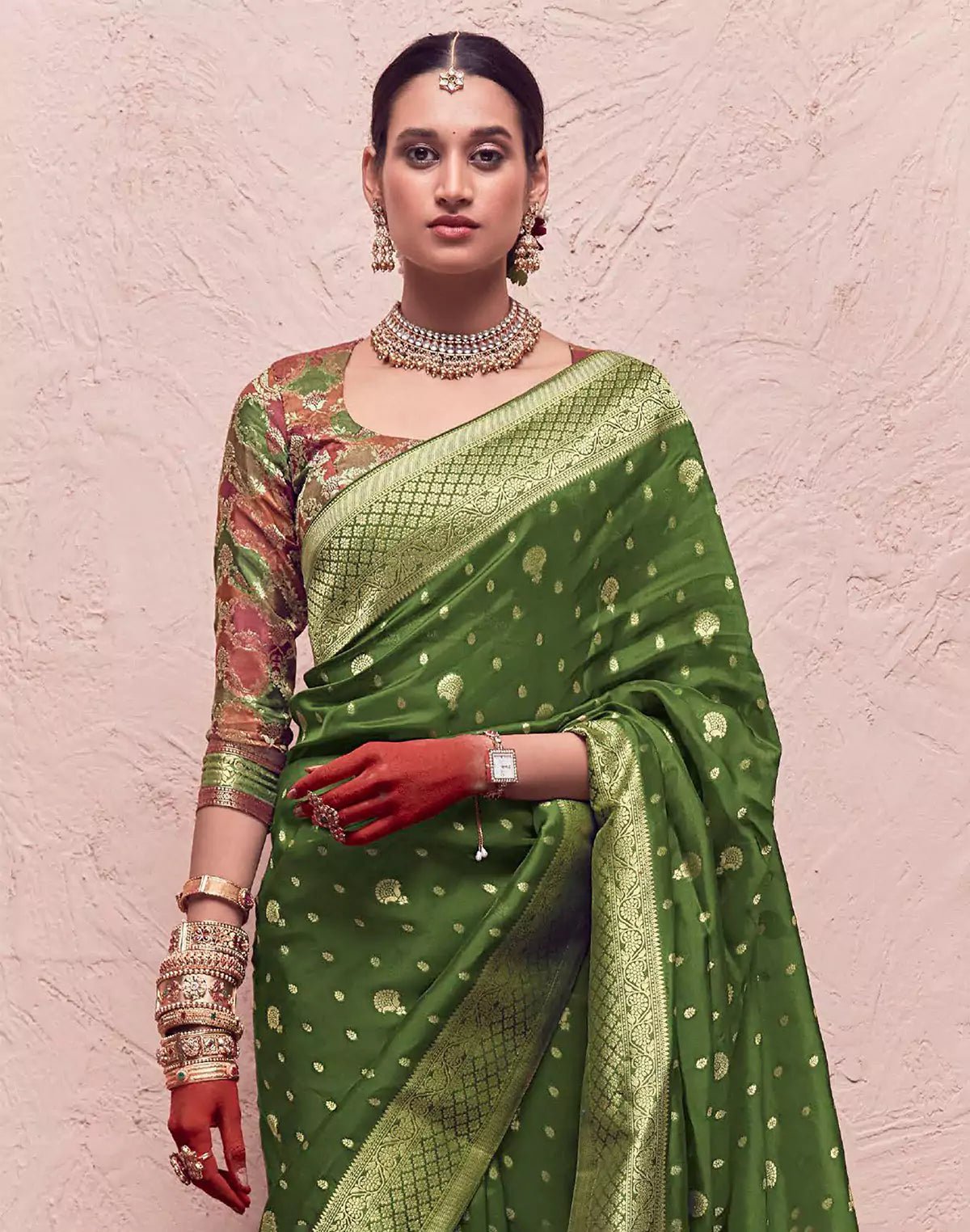 Olive Green Banarasi Crepe Dola Silk Saree - South India Shopping Mall