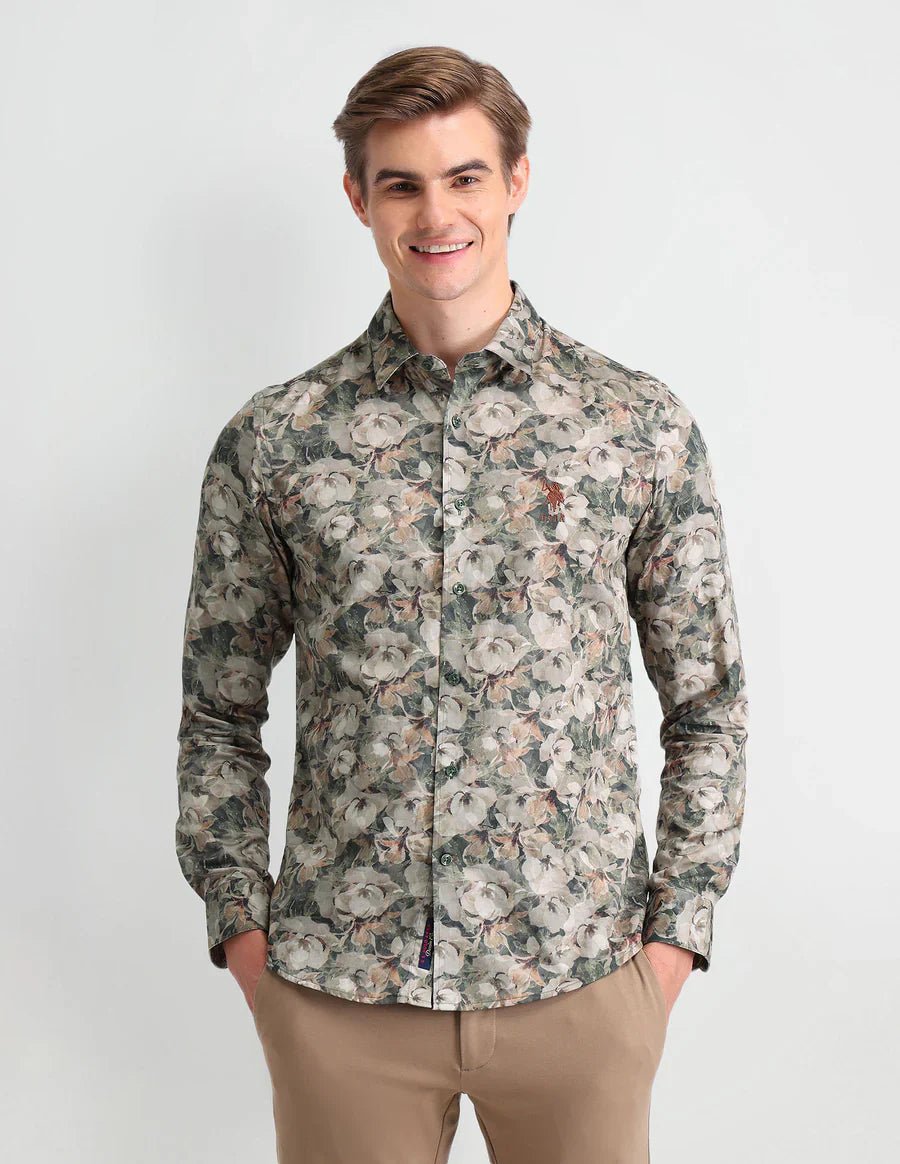 Image of Olive Green Denim Co Digital Print Satin Shirt - South India Shopping Mall