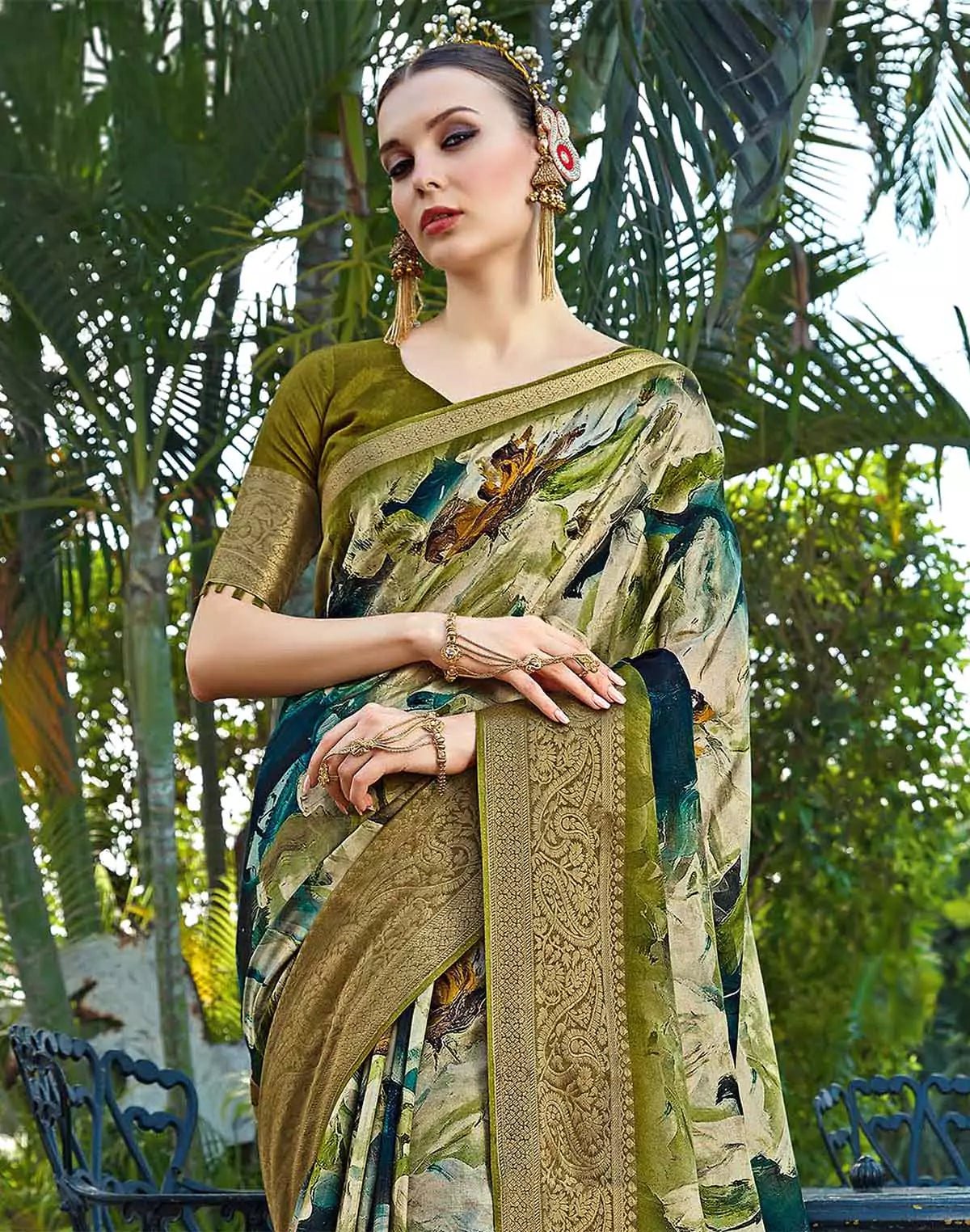 Image of Olive Green Dola Silk Graphic Print Trendy Saree - South India Shopping Mall