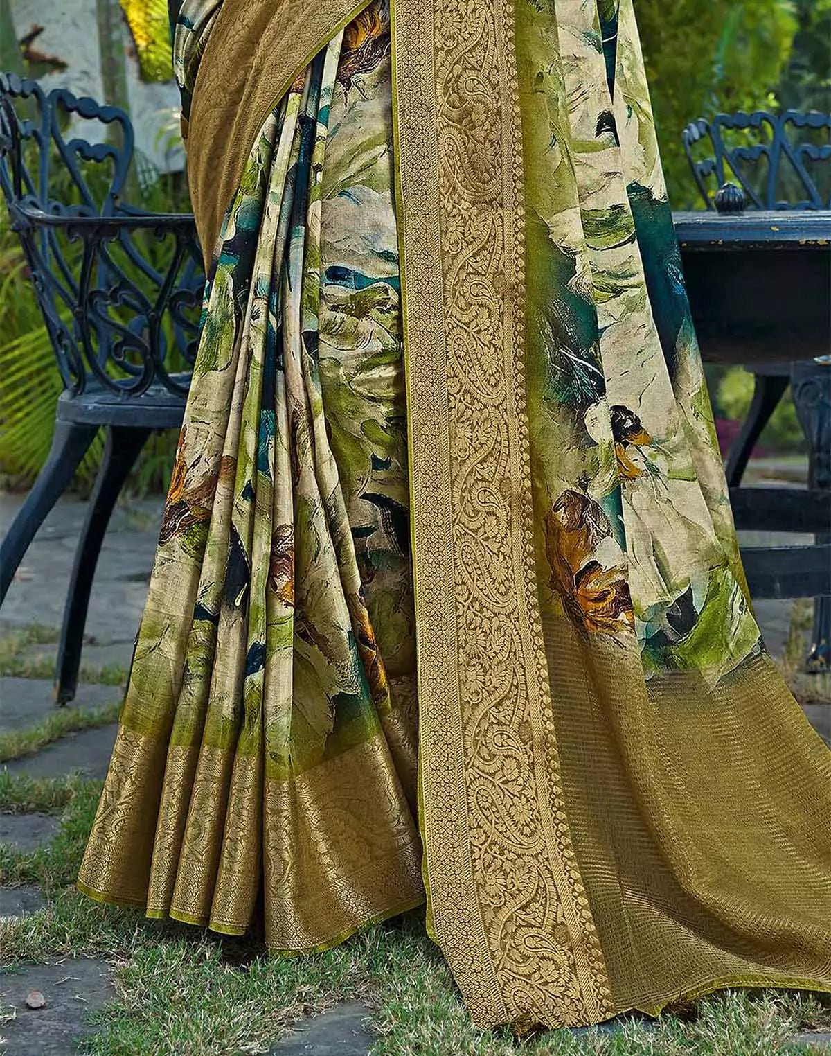 Image of Olive Green Dola Silk Graphic Print Trendy Saree - South India Shopping Mall