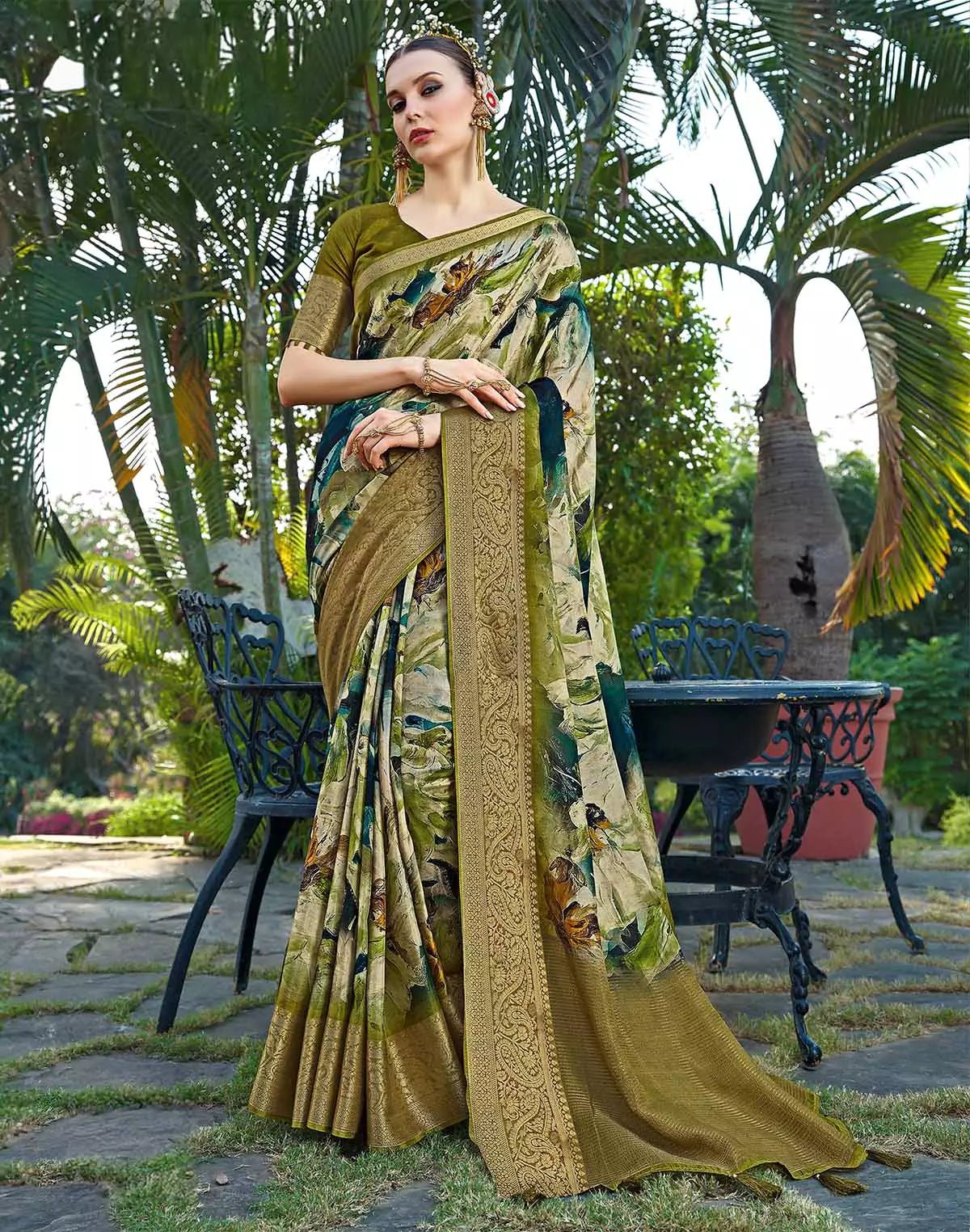 Image of Olive Green Dola Silk Graphic Print Trendy Saree - South India Shopping Mall