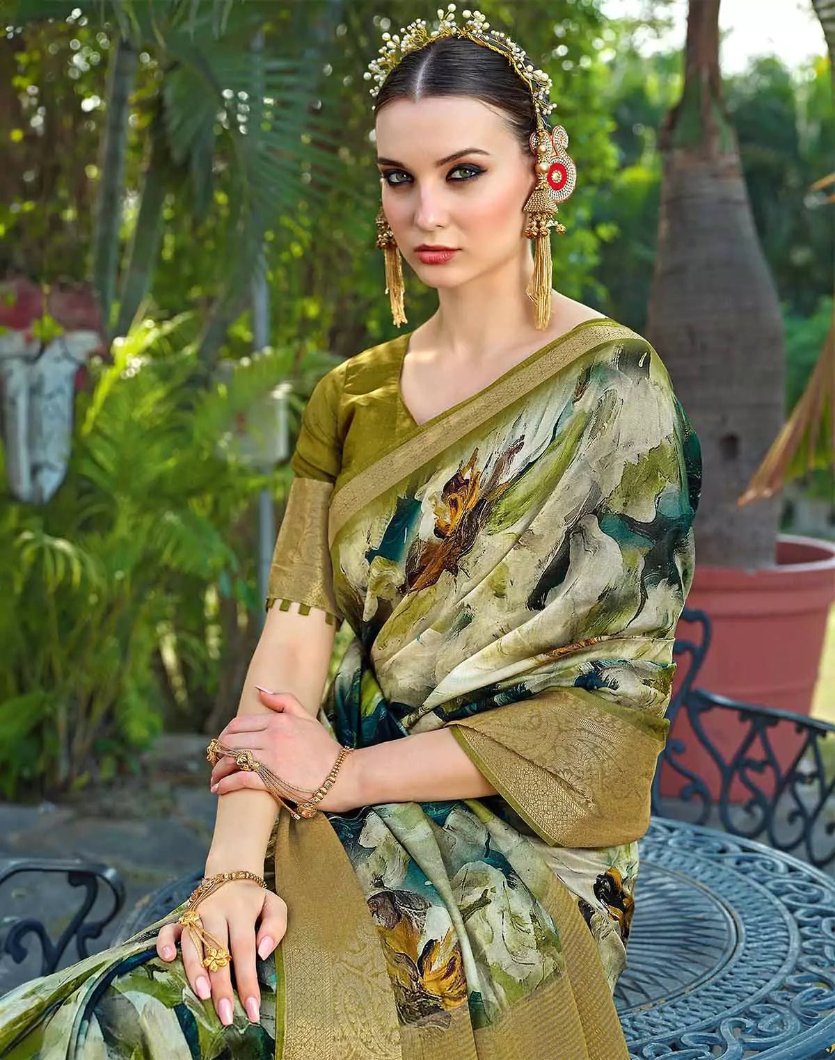 Image of Olive Green Dola Silk Graphic Print Trendy Saree - South India Shopping Mall
