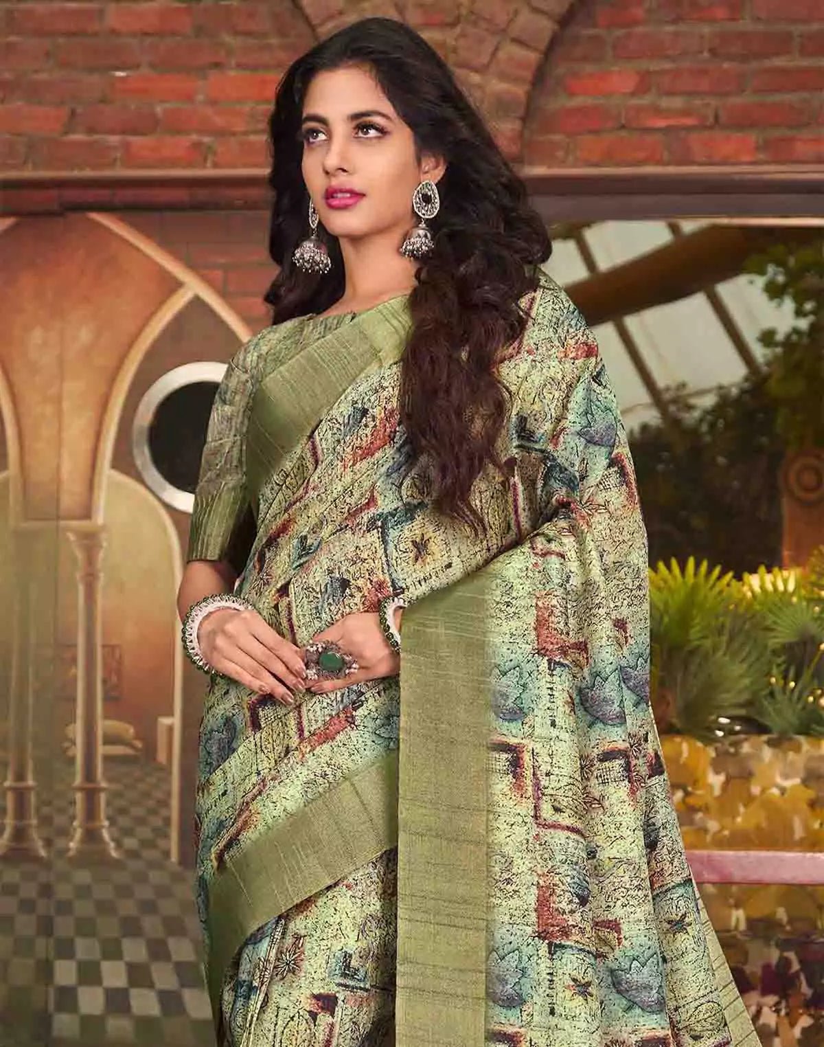 Image of Olive Green Tussar Silk Graphic Pint Saree - South India Shopping Mall