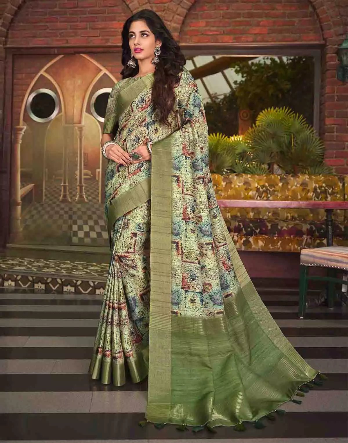 Image of Olive Green Tussar Silk Graphic Pint Saree - South India Shopping Mall