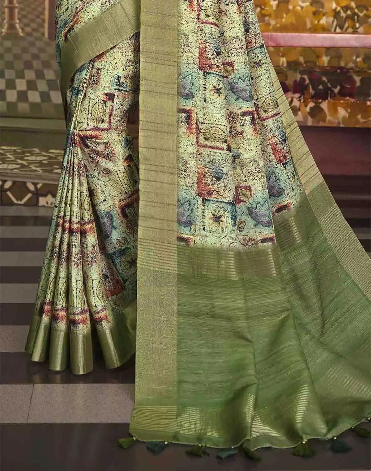 Olive Green Tussar Silk Graphic Pint Saree - South India Shopping Mall