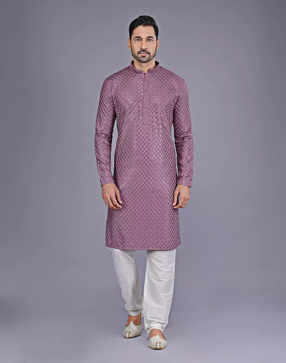 Image of Onion Colour All Over Self Floral Design Thread Embroidery Kurta Set - South India Shopping Mall