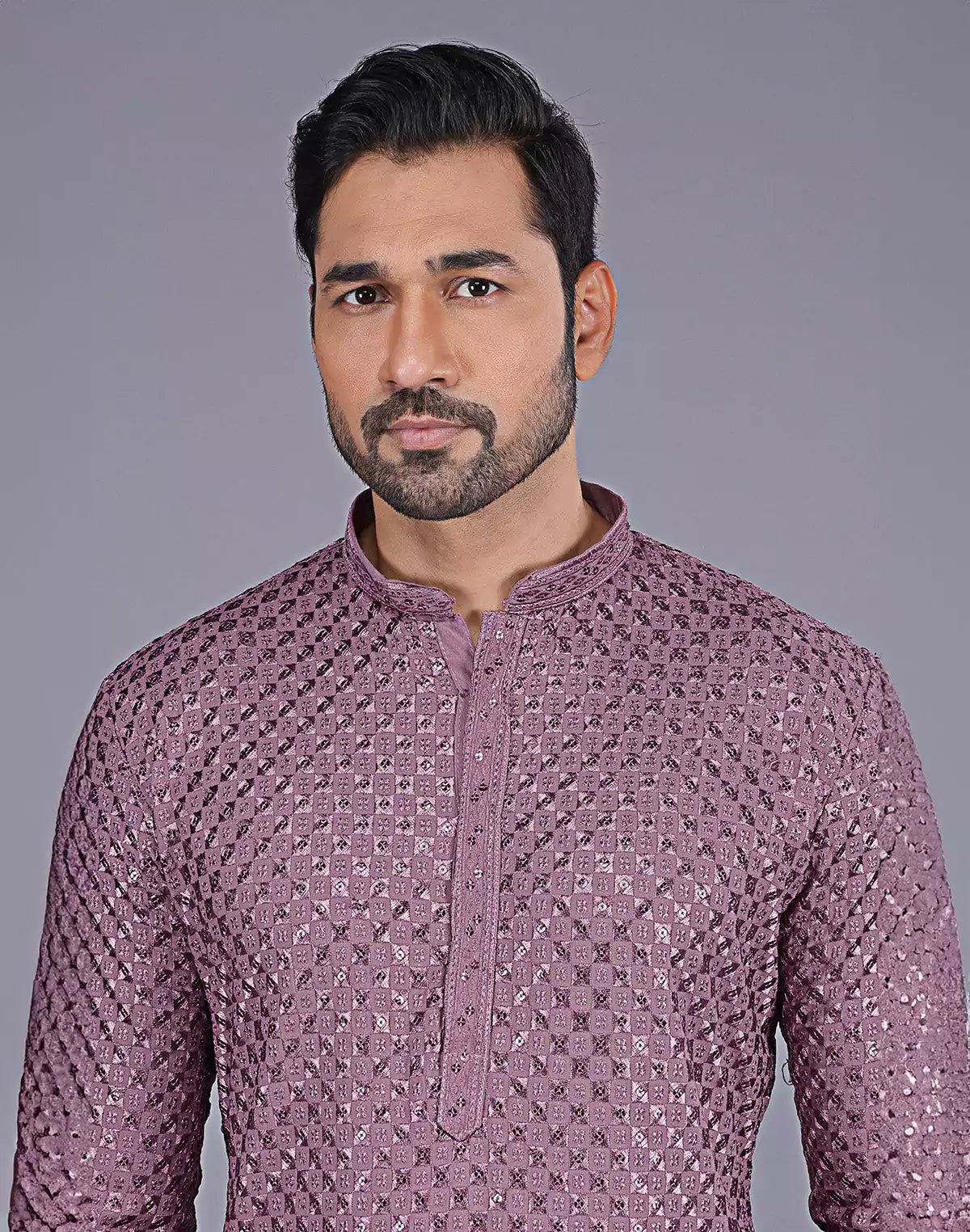 Image of Onion Colour All Over Self Floral Design Thread Embroidery Kurta Set - South India Shopping Mall