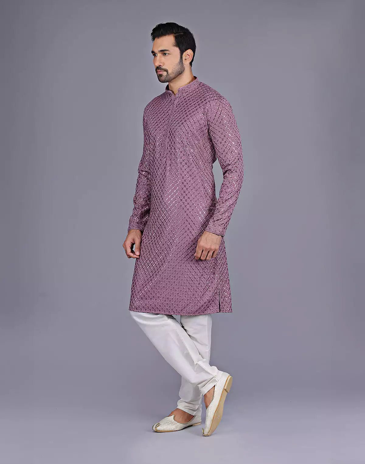 Image of Onion Colour All Over Self Floral Design Thread Embroidery Kurta Set - South India Shopping Mall
