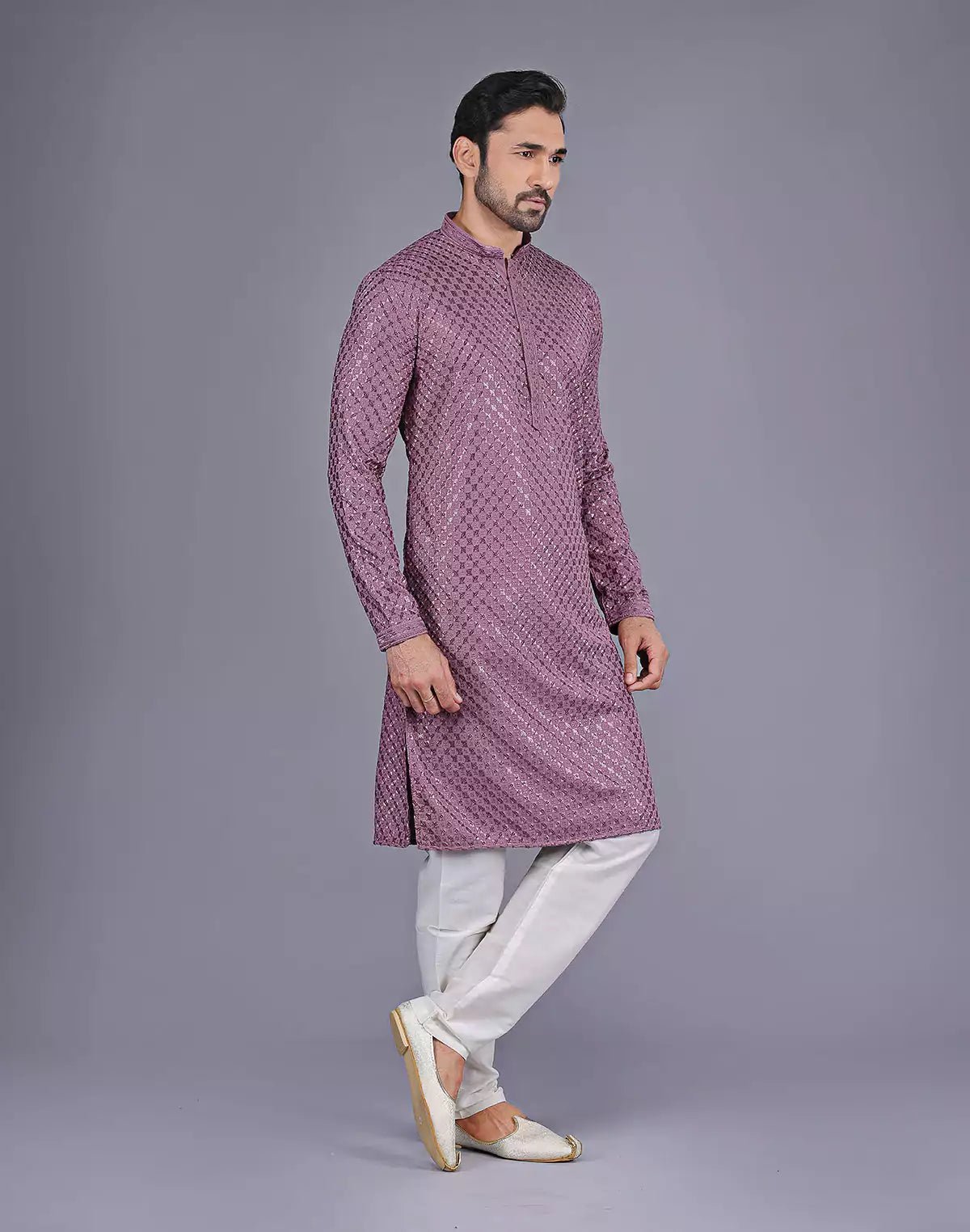 Image of Onion Colour All Over Self Floral Design Thread Embroidery Kurta Set - South India Shopping Mall