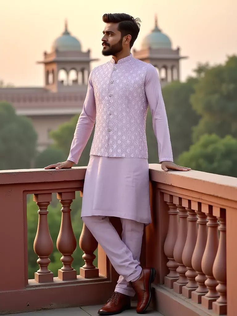 Image of Onion Colour Floral Sequence Work Milky Silk Kurta Jacket Set - South India Shopping Mall