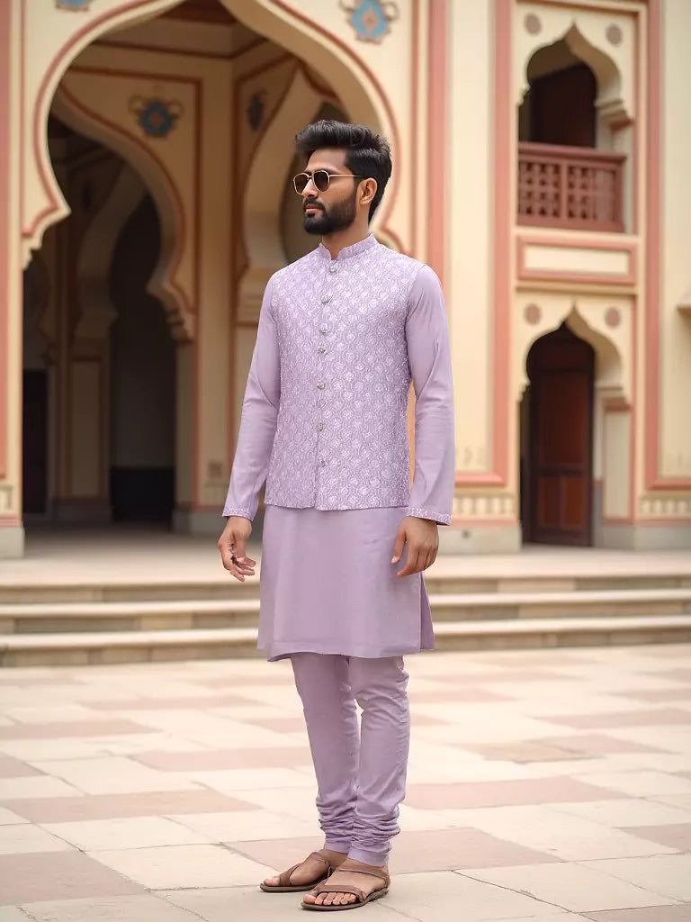 Image of Onion Colour Floral Sequence Work Milky Silk Kurta Jacket Set - South India Shopping Mall