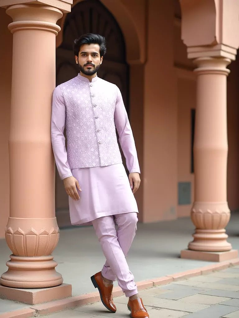 Image of Onion Colour Floral Sequence Work Milky Silk Kurta Jacket Set - South India Shopping Mall