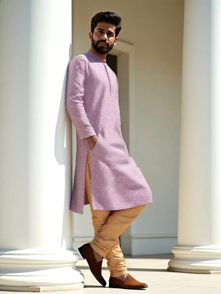 Image of Onion Colour Self Brocade Thread work Jacquard Kurta Set - South India Shopping Mall