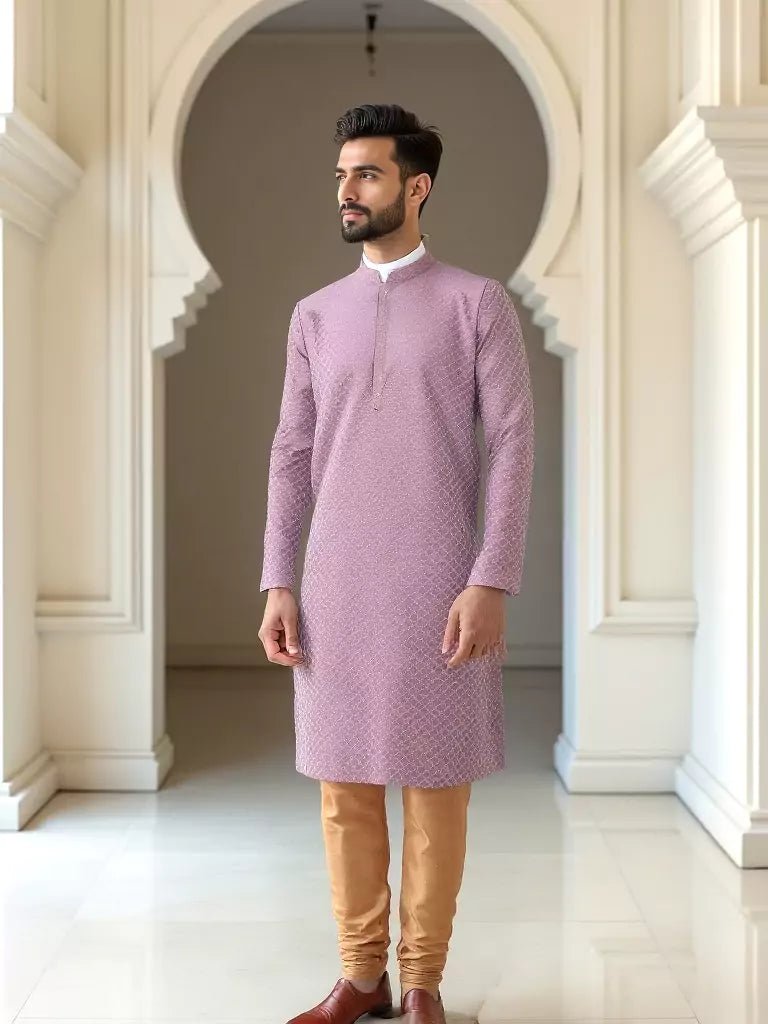 Image of Onion Colour Self Brocade Thread work Jacquard Kurta Set - South India Shopping Mall