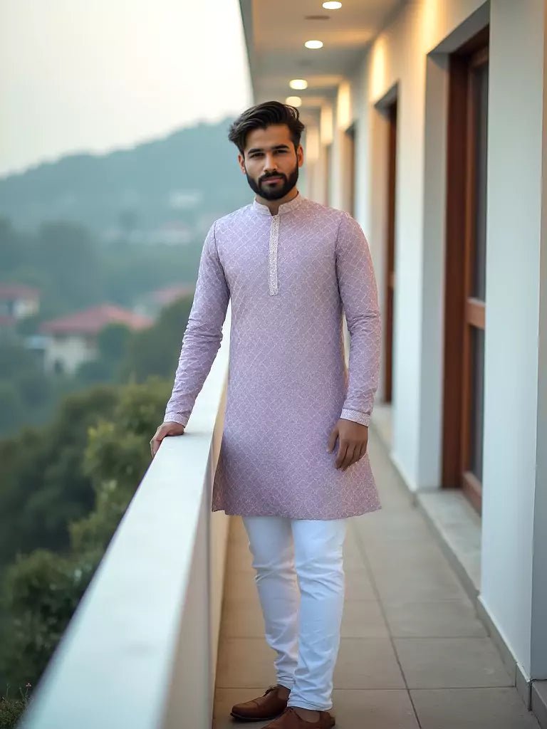 Image of Onion Colour Self Design Raw Silk Embellished Work Kurta Pyjama Set - South India Shopping Mall