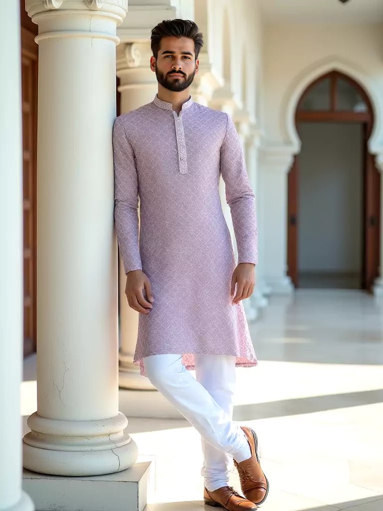 Image of Onion Colour Self Design Raw Silk Embellished Work Kurta Pyjama Set - South India Shopping Mall