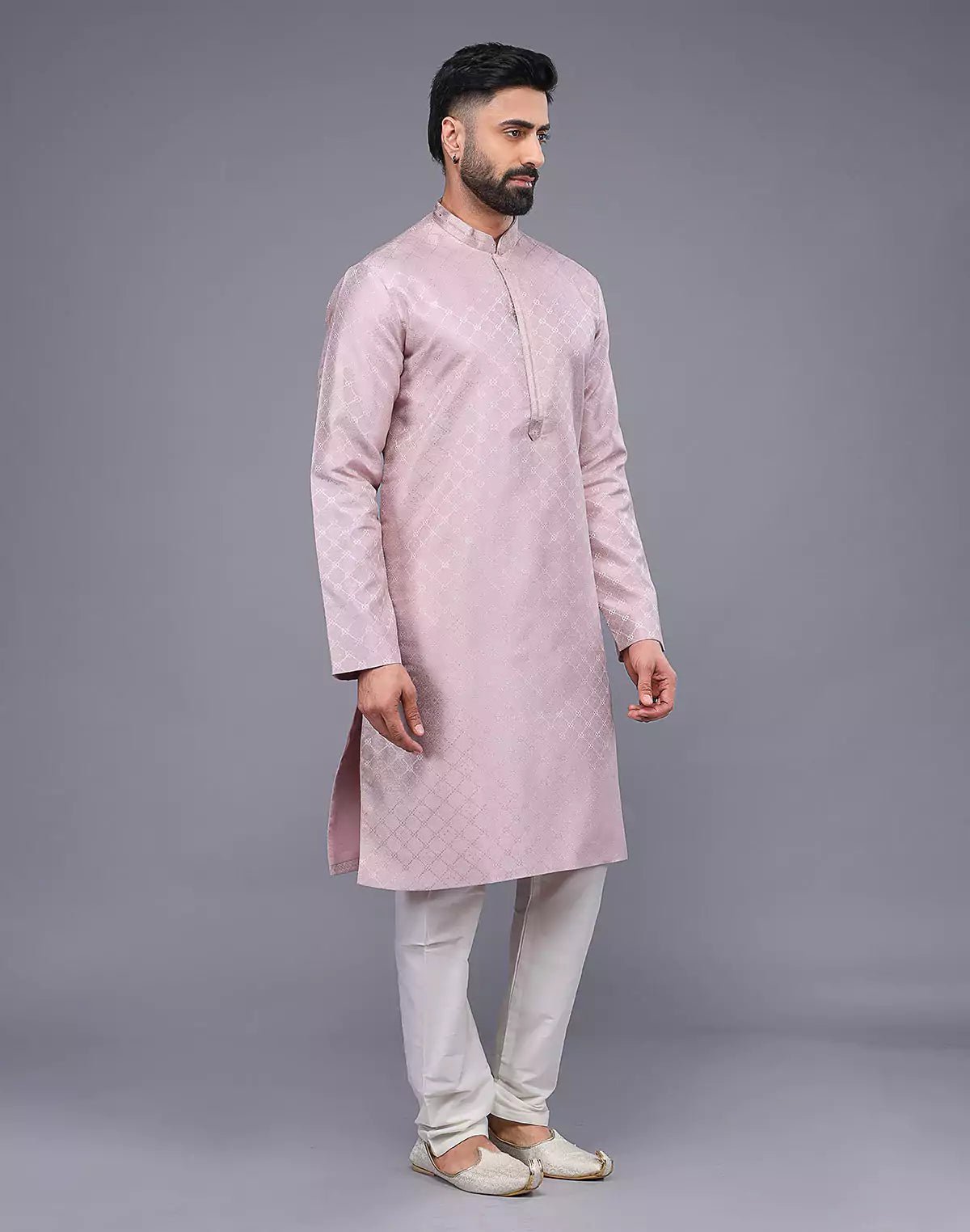 Image of Onion Coloured Mica Print and Thread work Soft Silk Kurta Set - South India Shopping Mall