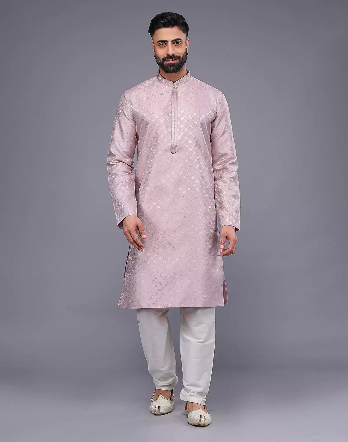 Image of Onion Coloured Mica Print and Thread work Soft Silk Kurta Set - South India Shopping Mall