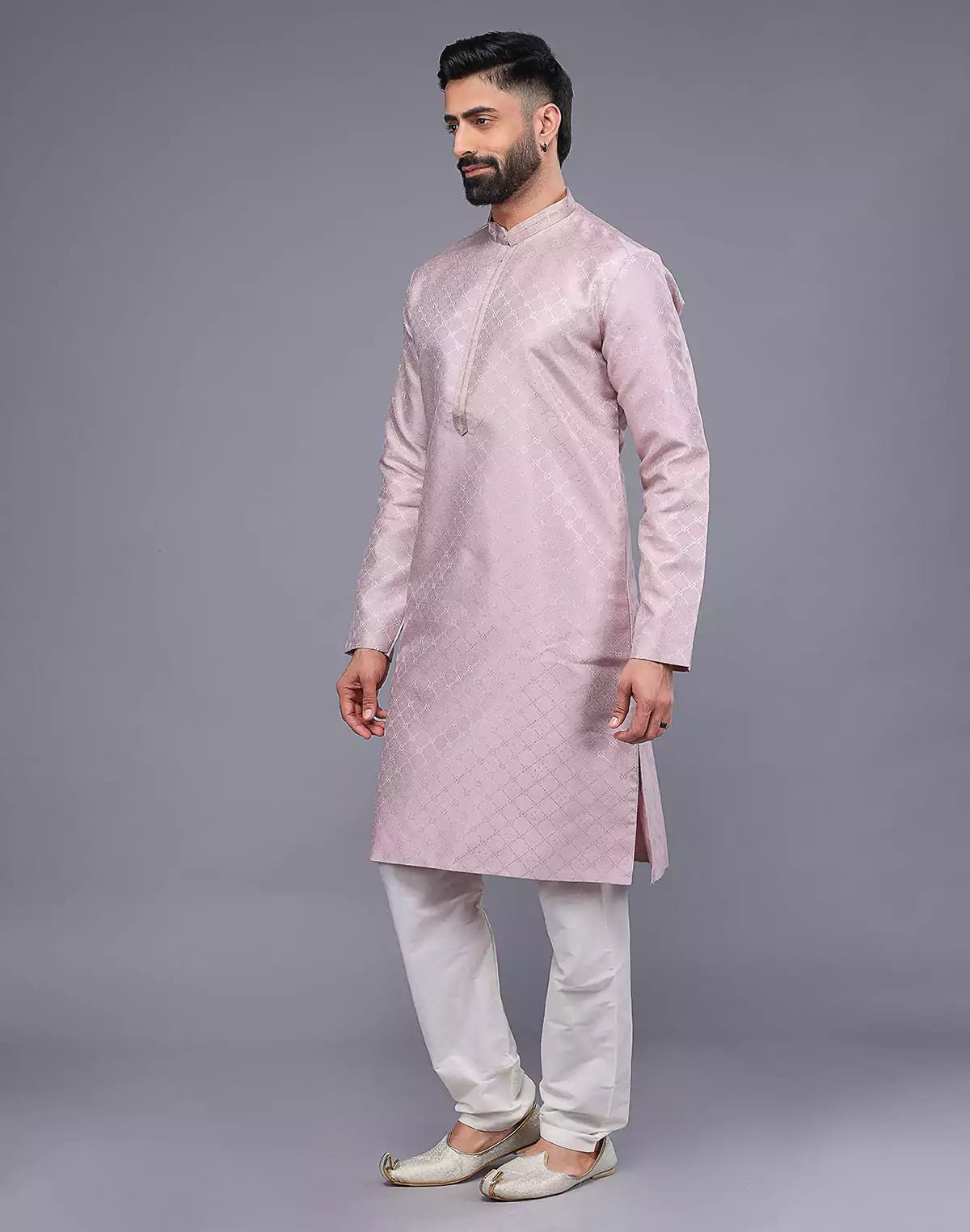 Image of Onion Coloured Mica Print and Thread work Soft Silk Kurta Set - South India Shopping Mall