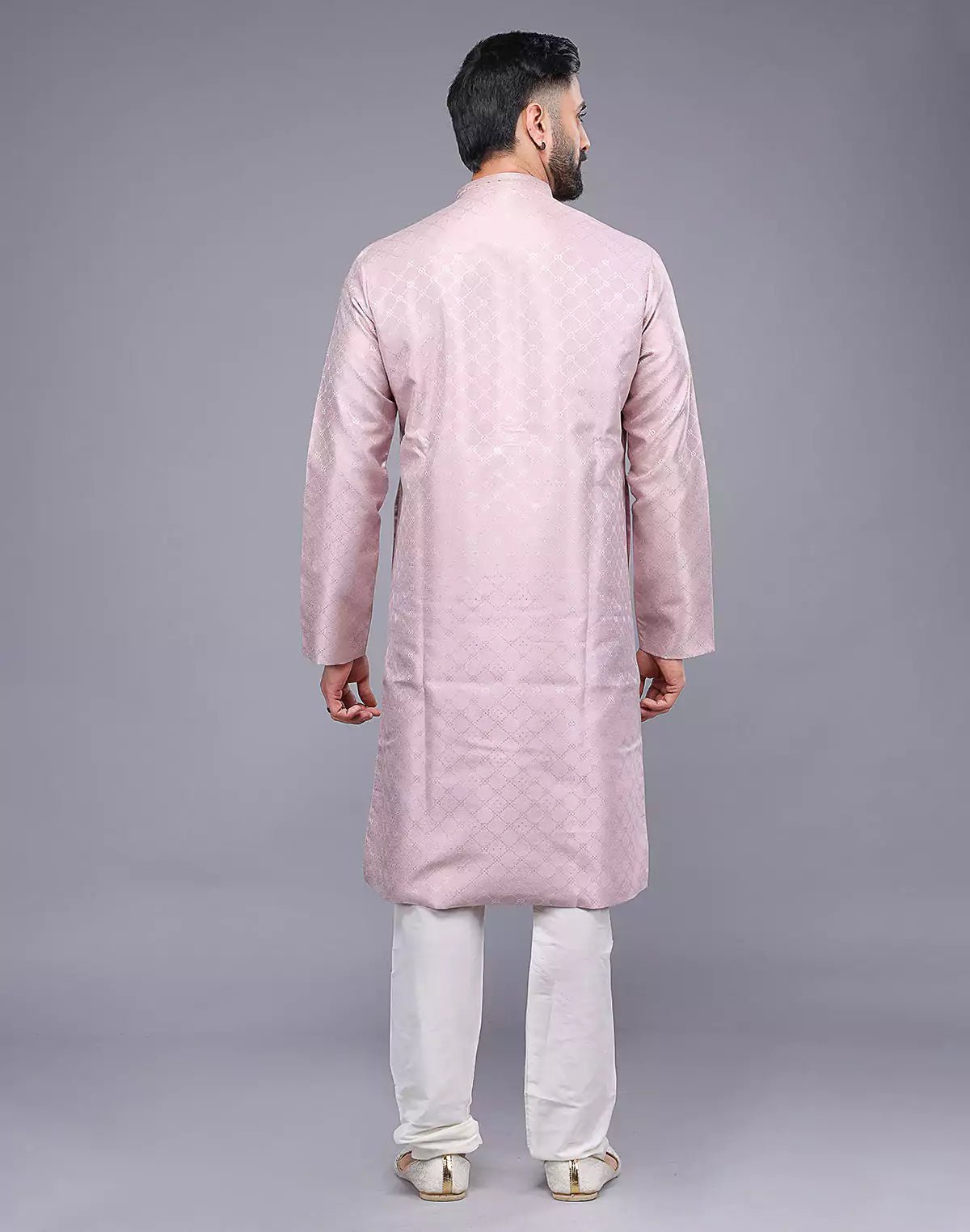 Image of Onion Coloured Mica Print and Thread work Soft Silk Kurta Set - South India Shopping Mall