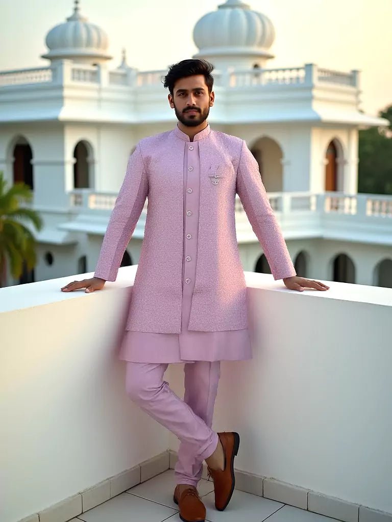 Image of Onion Coloured Self Patterned Giza Cotton Thread Work Kurta Jacket Set - South India Shopping Mall
