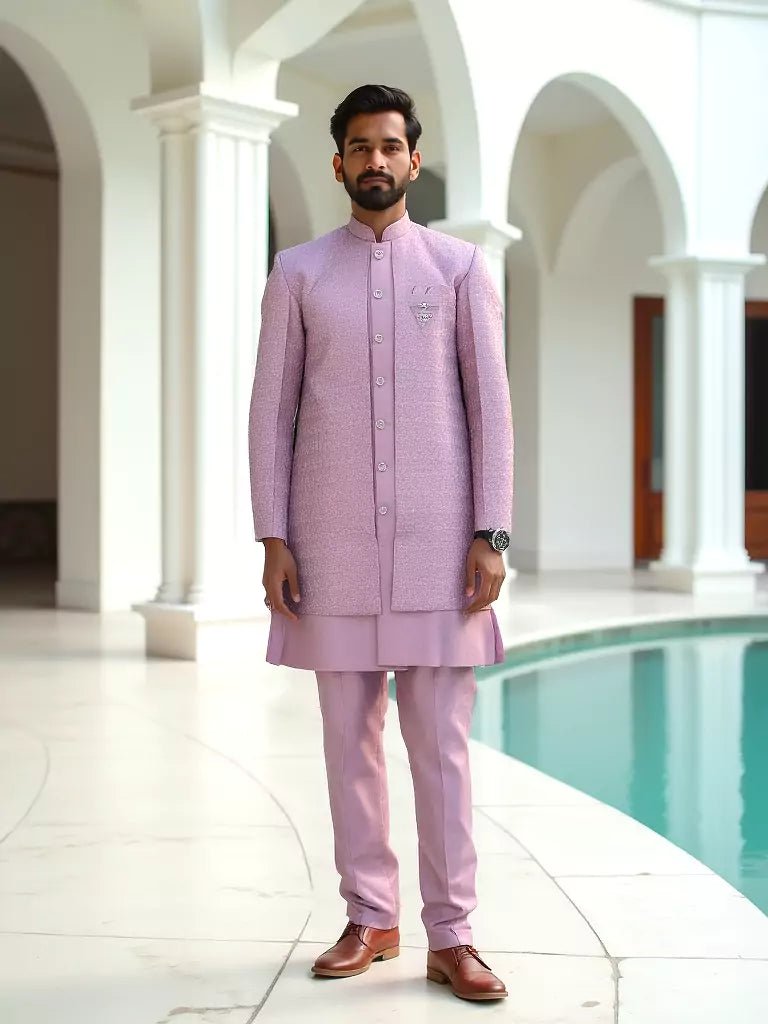 Image of Onion Coloured Self Patterned Giza Cotton Thread Work Kurta Jacket Set - South India Shopping Mall