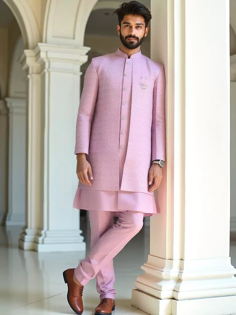Image of Onion Coloured Self Patterned Giza Cotton Thread Work Kurta Jacket Set - South India Shopping Mall