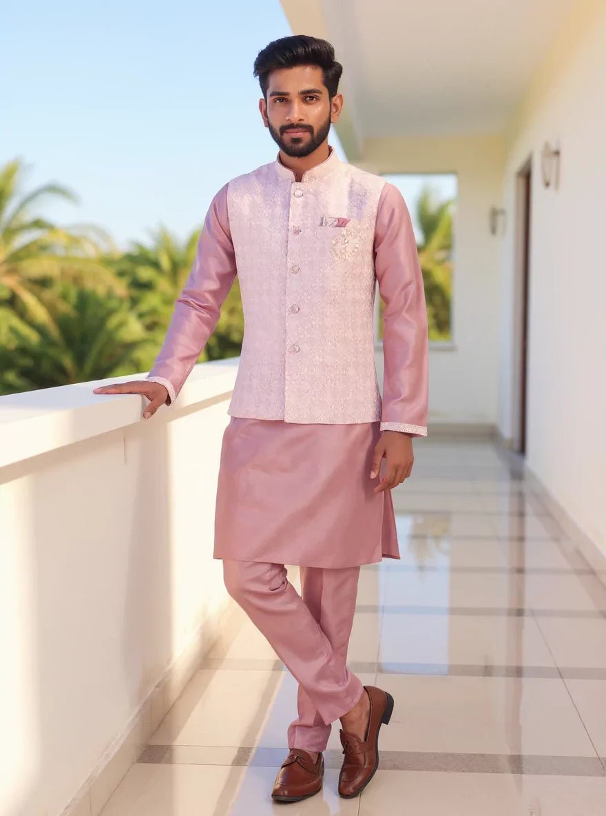 Image of Onion Floral Weaving Jacquard Kurta Jacket Set - South India Shopping Mall