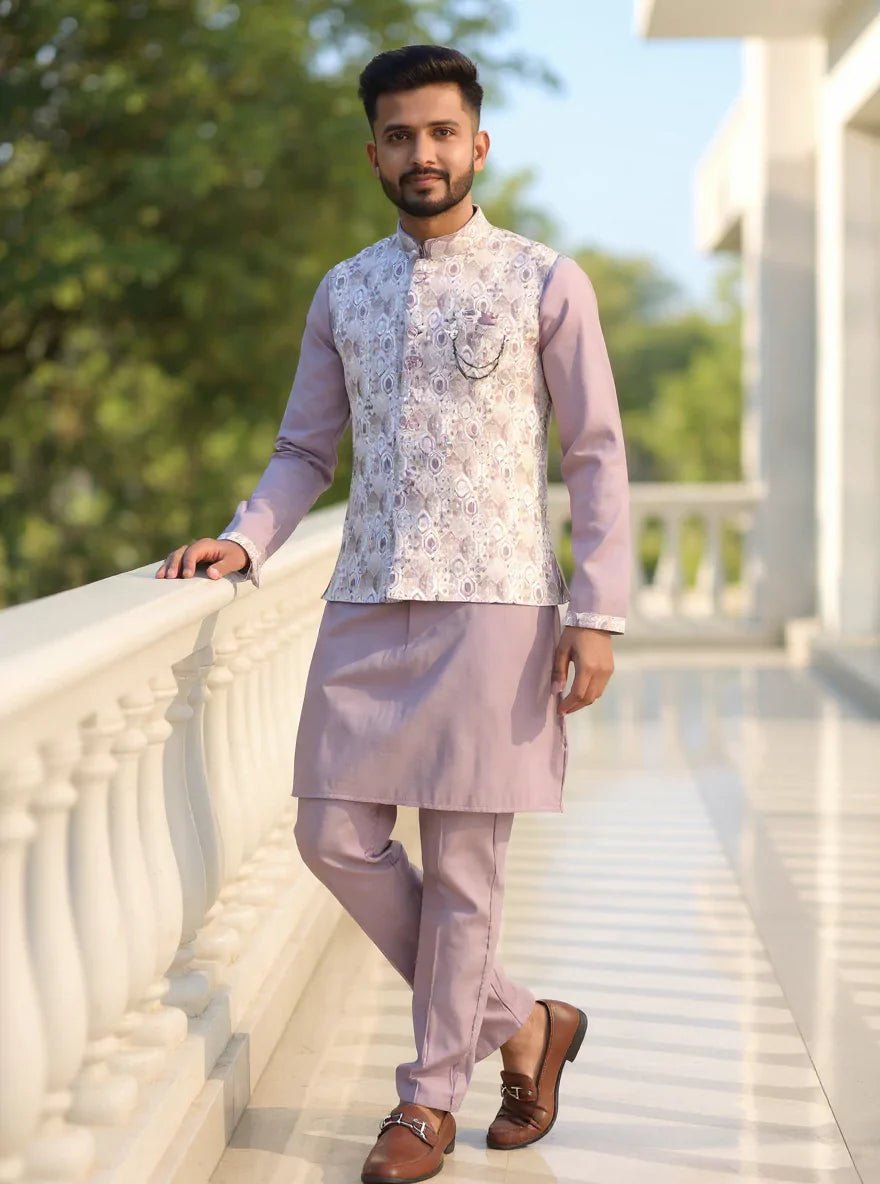 Image of Onion Kurta with Floral Design Jacquard Jacket Set - South India Shopping Mall