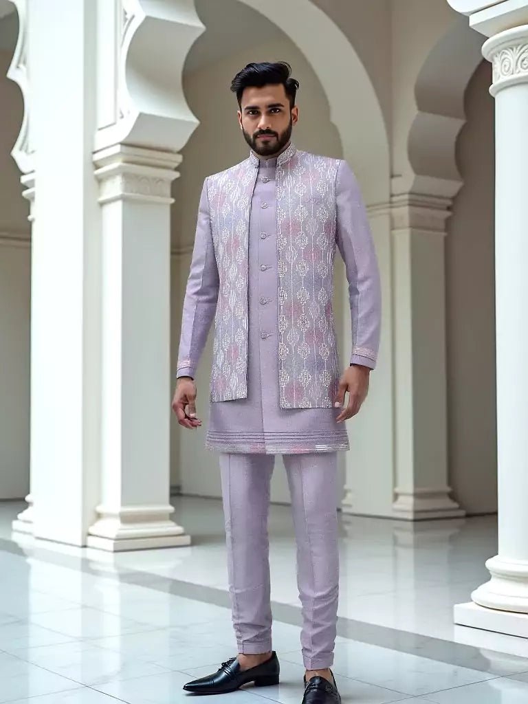 Image of Onion Magnificence Thread and Embellished work Milky Silk Indo Open Jacket - South India Shopping Mall