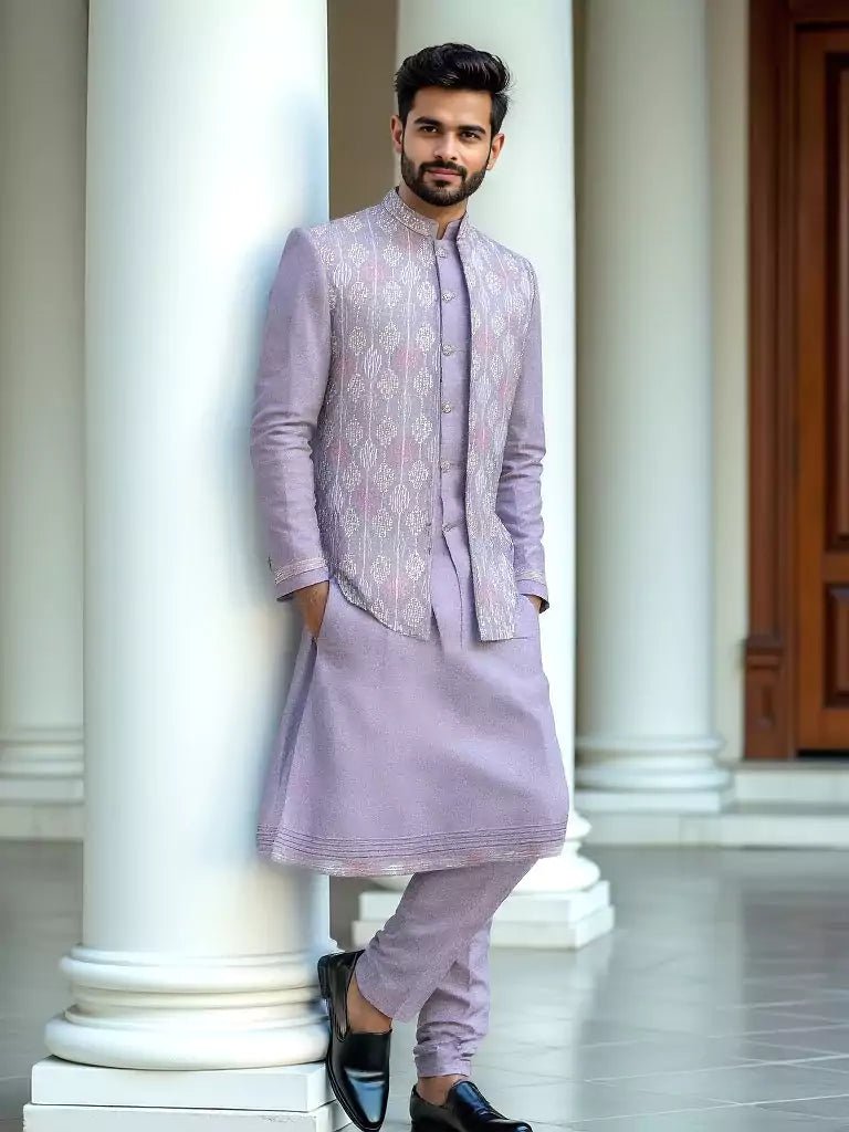 Image of Onion Magnificence Thread and Embellished work Milky Silk Indo Open Jacket - South India Shopping Mall