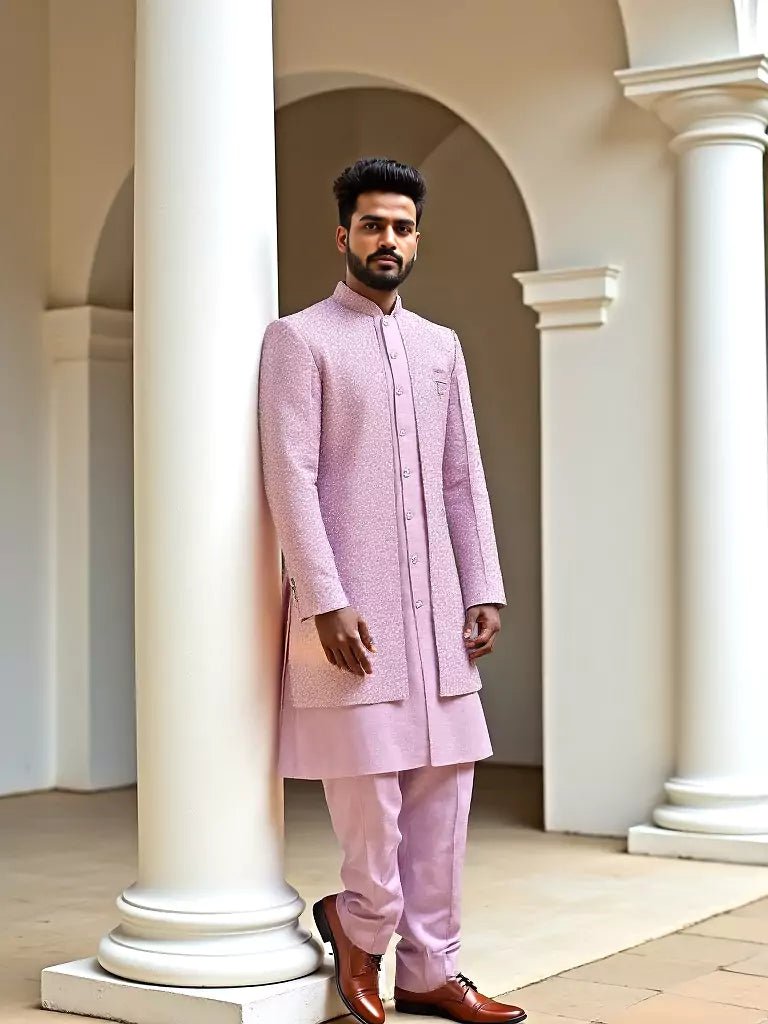 Image of Onion Self Design Thread Embroidery work Cotton - Satin Kurta Jacket Set - South India Shopping Mall