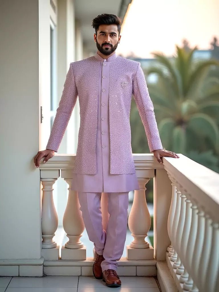 Image of Onion Self Design Thread Embroidery work Cotton - Satin Kurta Jacket Set - South India Shopping Mall