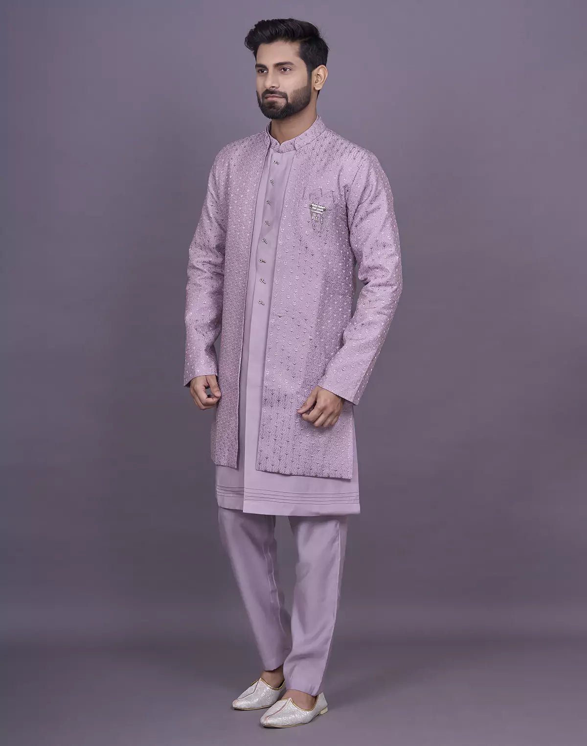Image of Onion Self Thread Embroidery work Soft Silk Kurta Jacket Set - South India Shopping Mall