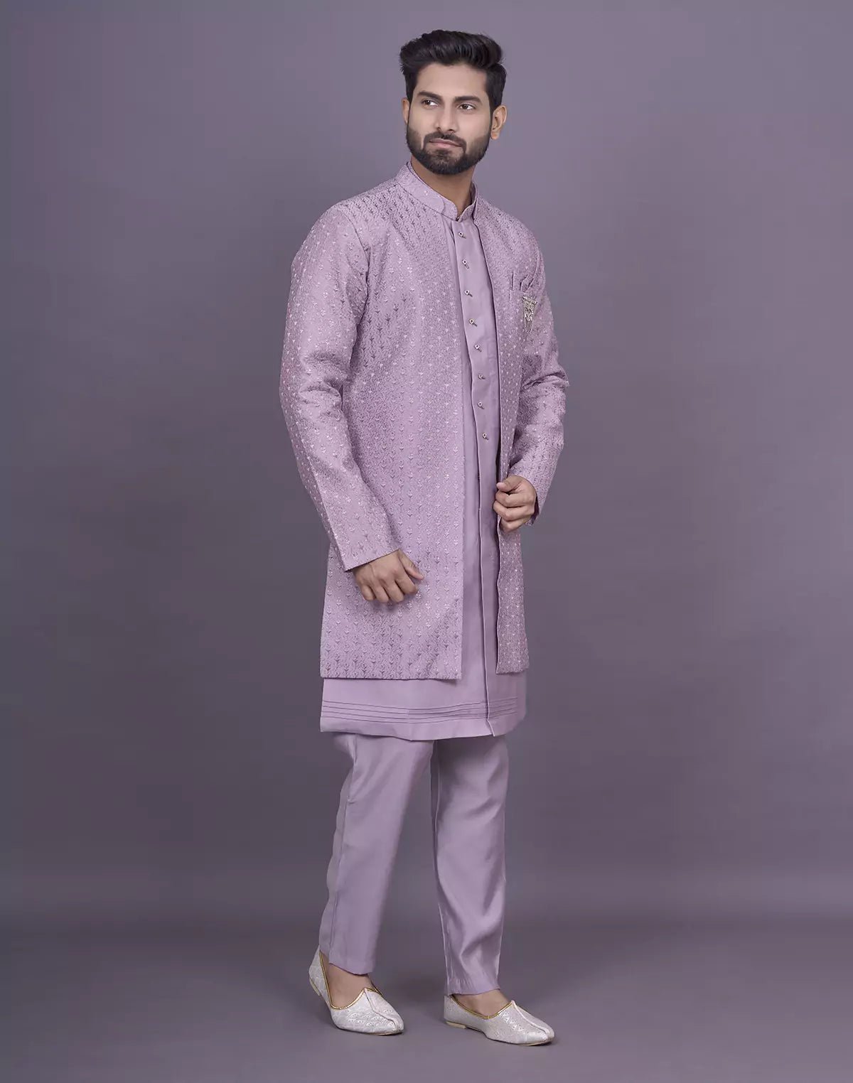 Image of Onion Self Thread Embroidery work Soft Silk Kurta Jacket Set - South India Shopping Mall