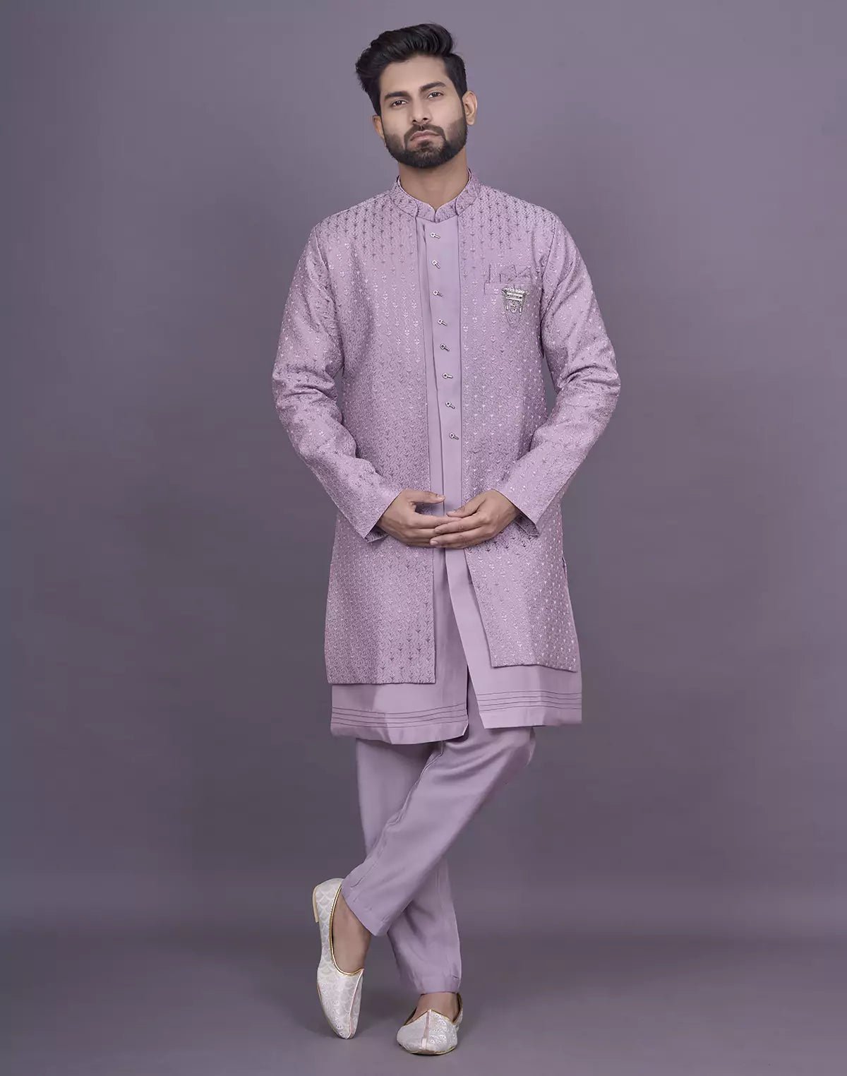 Image of Onion Self Thread Embroidery work Soft Silk Kurta Jacket Set - South India Shopping Mall