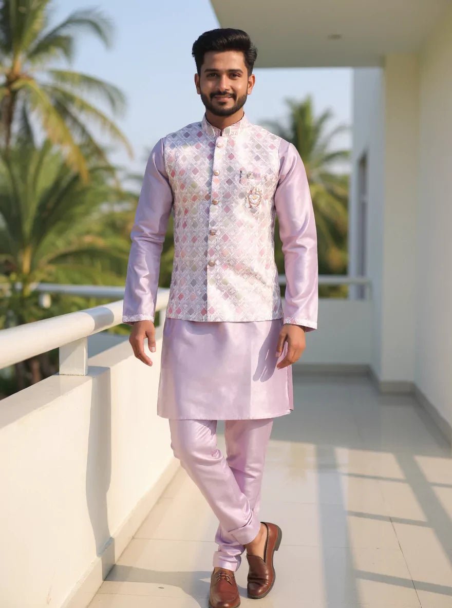 Image of Onion Thread Embroidery Floral Jaal Patterned Cotton Silk Kurta Jacket Set - South India Shopping Mall