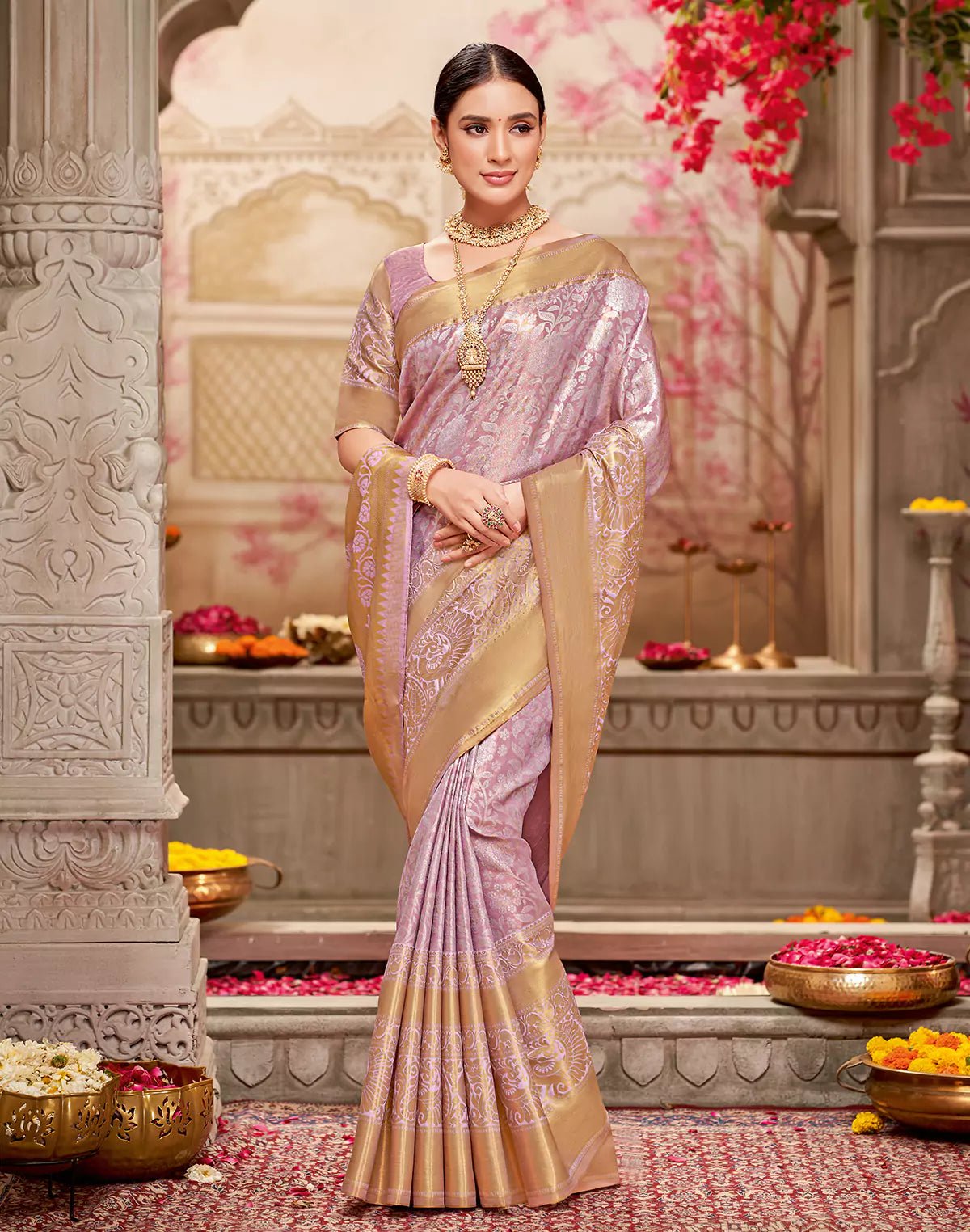 Onion with Silver zari Tissue Floral Design Semi Silk Saree - South India Shopping Mall