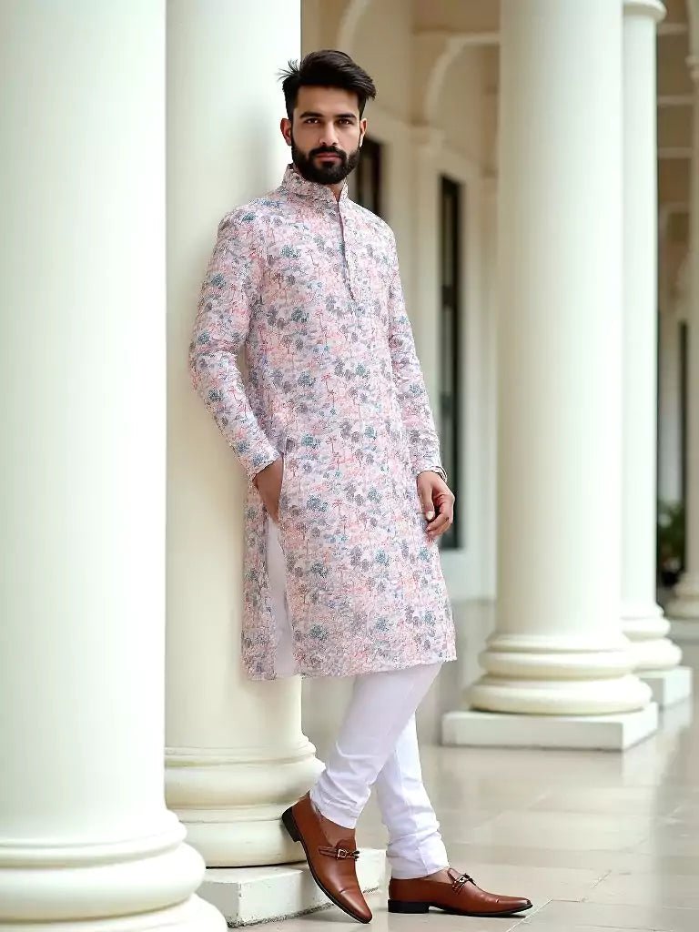 Image of Opulent Peach Botanical with Birds Printed Cotton Kurta - South India Shopping Mall