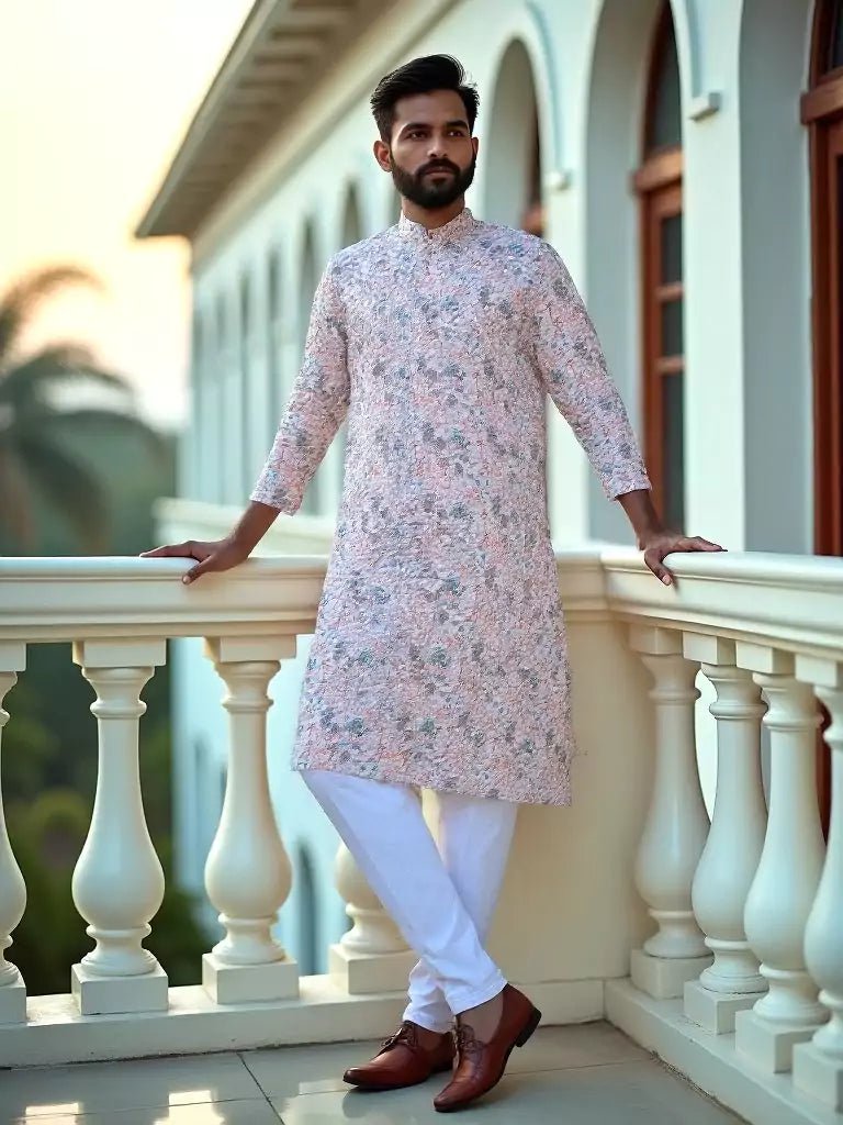 Image of Opulent Peach Botanical with Birds Printed Cotton Kurta - South India Shopping Mall