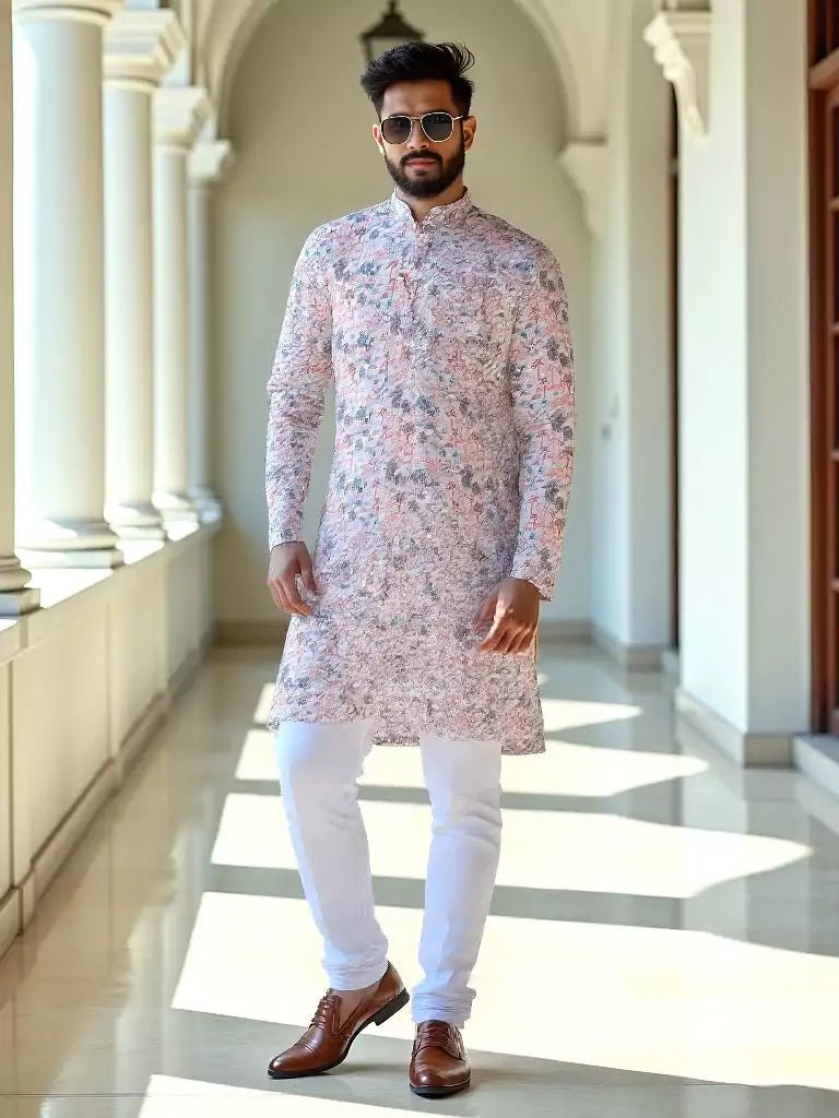 Image of Opulent Peach Botanical with Birds Printed Cotton Kurta - South India Shopping Mall