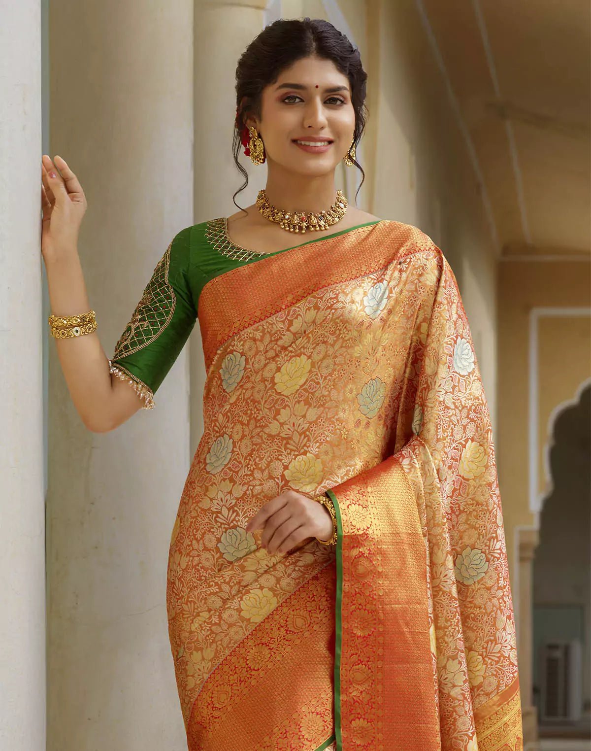 Image of Orange and Green Floral Design Pure Silk Saree With Self Border - South India Shopping Mall