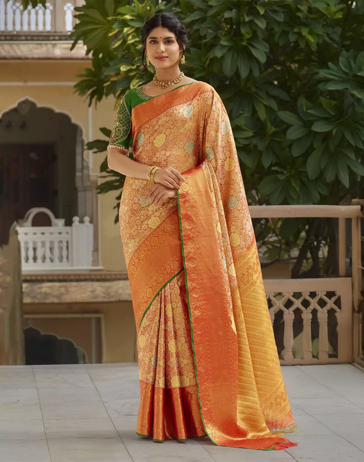 Image of Orange and Green Floral Design Pure Silk Saree With Self Border - South India Shopping Mall