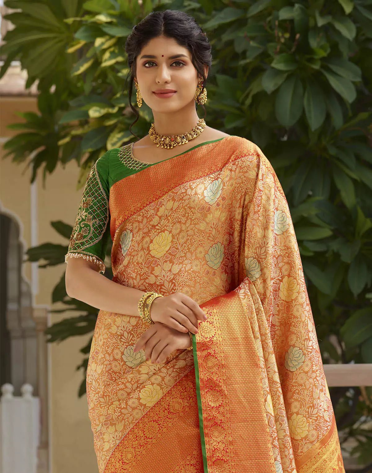 Image of Orange and Green Floral Design Pure Silk Saree With Self Border - South India Shopping Mall