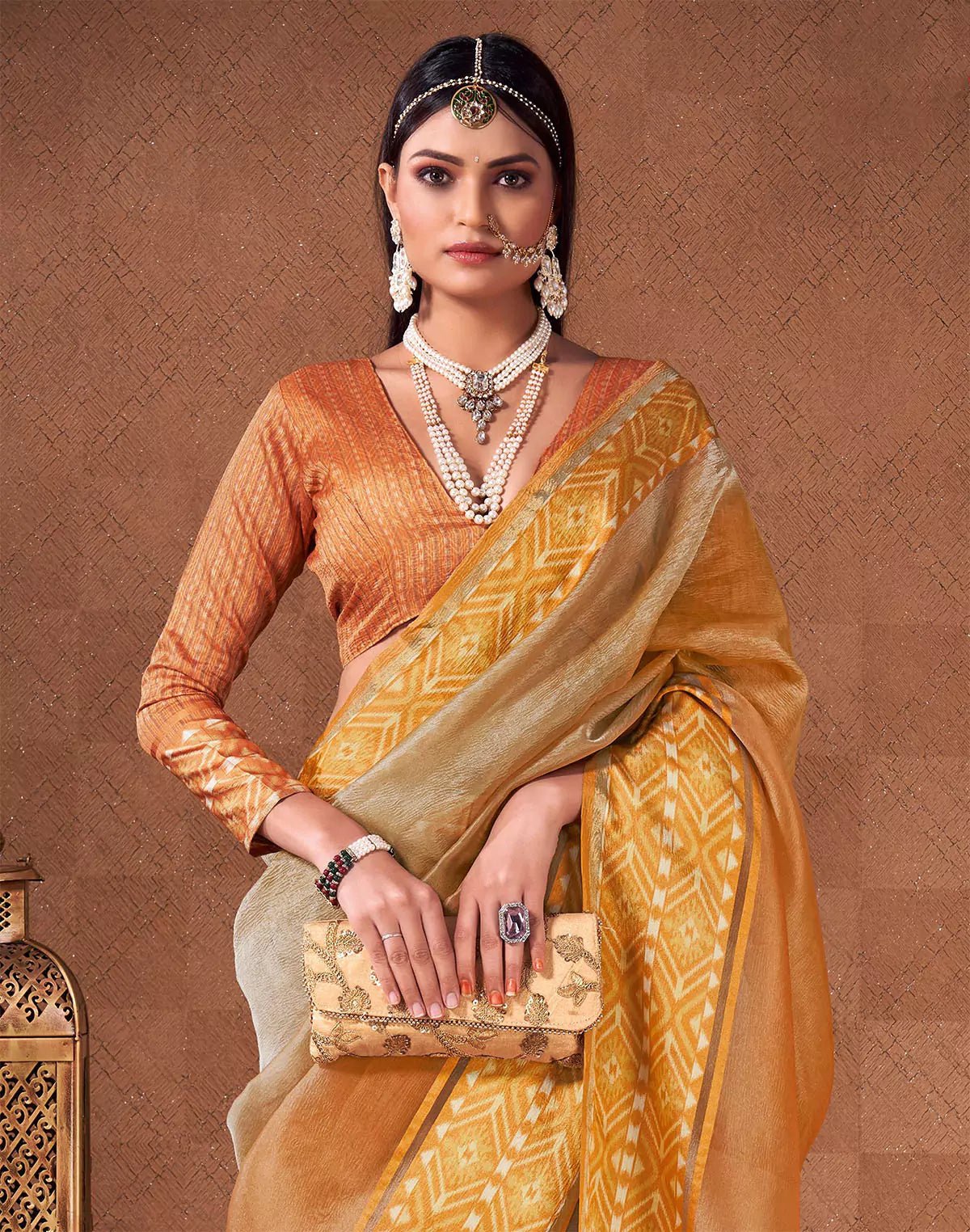 Image of Orange and Grey Shaded Georgette Saree With Tussels - South India Shopping Mall
