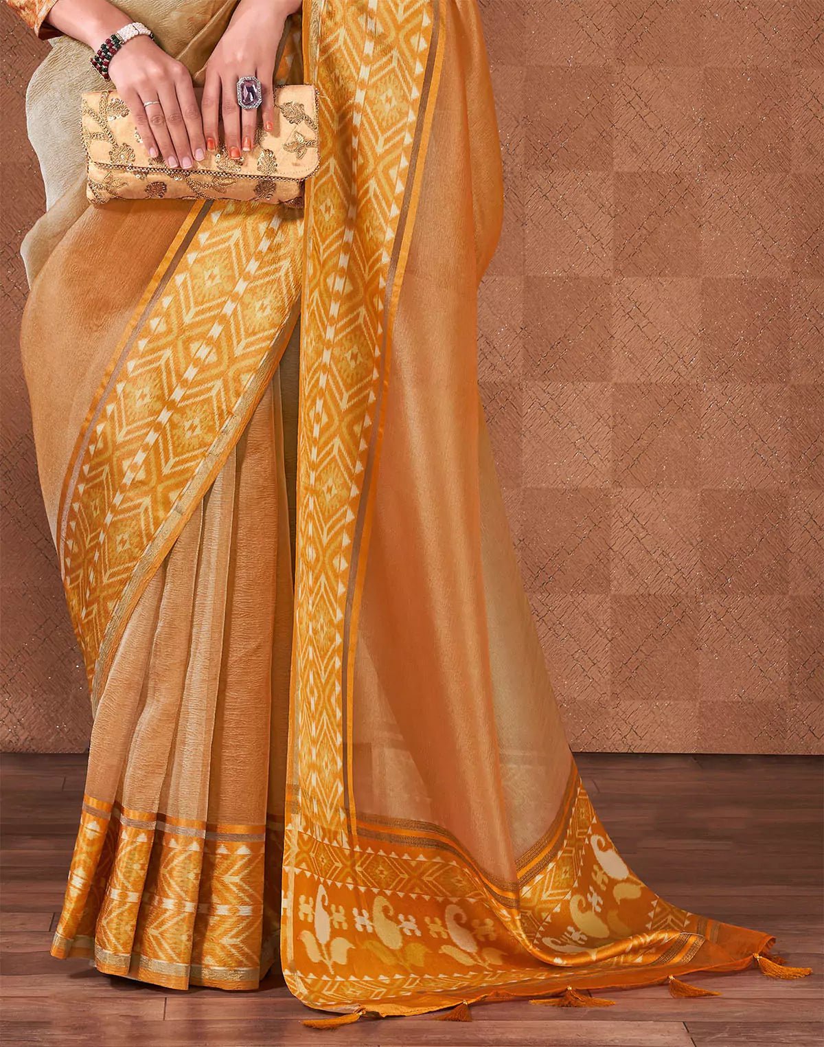 Image of Orange and Grey Shaded Georgette Saree With Tussels - South India Shopping Mall