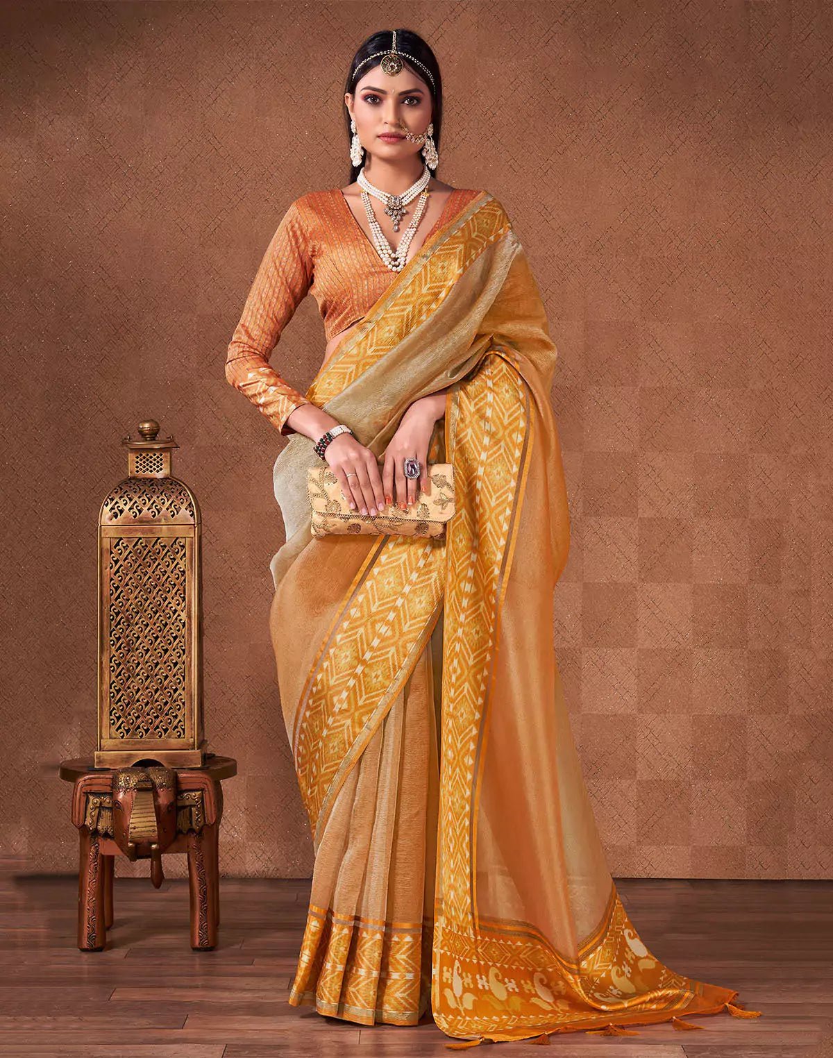 Image of Orange and Grey Shaded Georgette Saree With Tussels - South India Shopping Mall