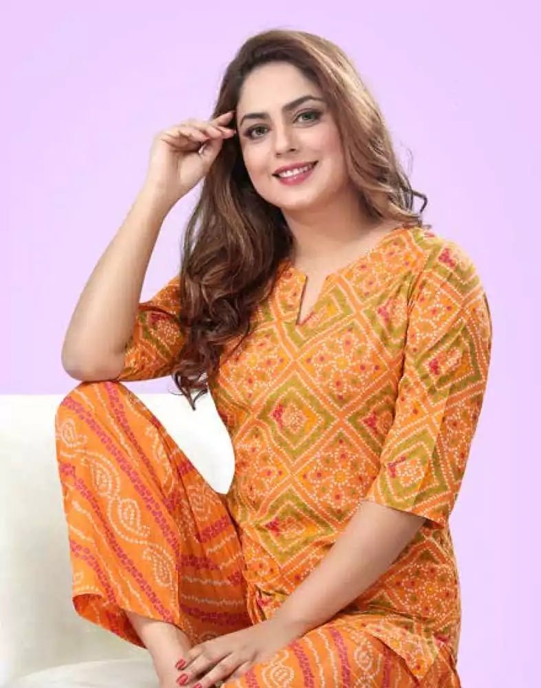 Image of Orange Bandhini Cotton Printed Night Suit - South India Shopping Mall