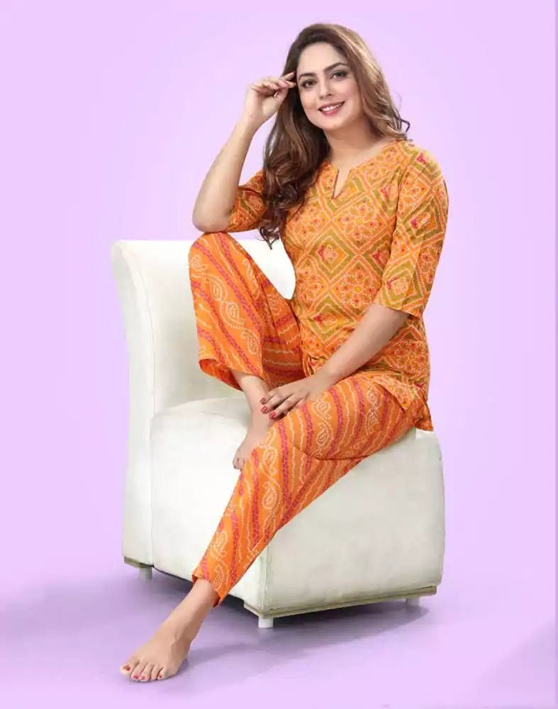 Image of Orange Bandhini Cotton Printed Night Suit - South India Shopping Mall